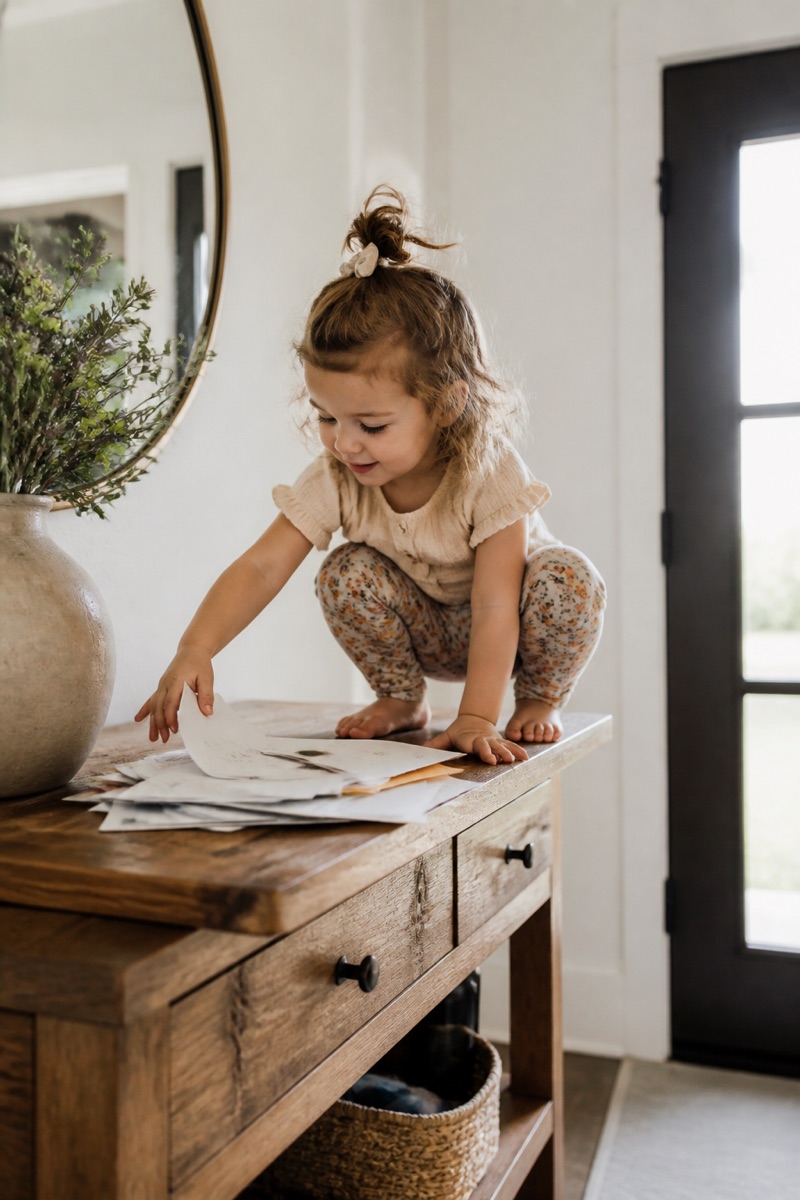 A toddler perched on the welcome table reading the mail