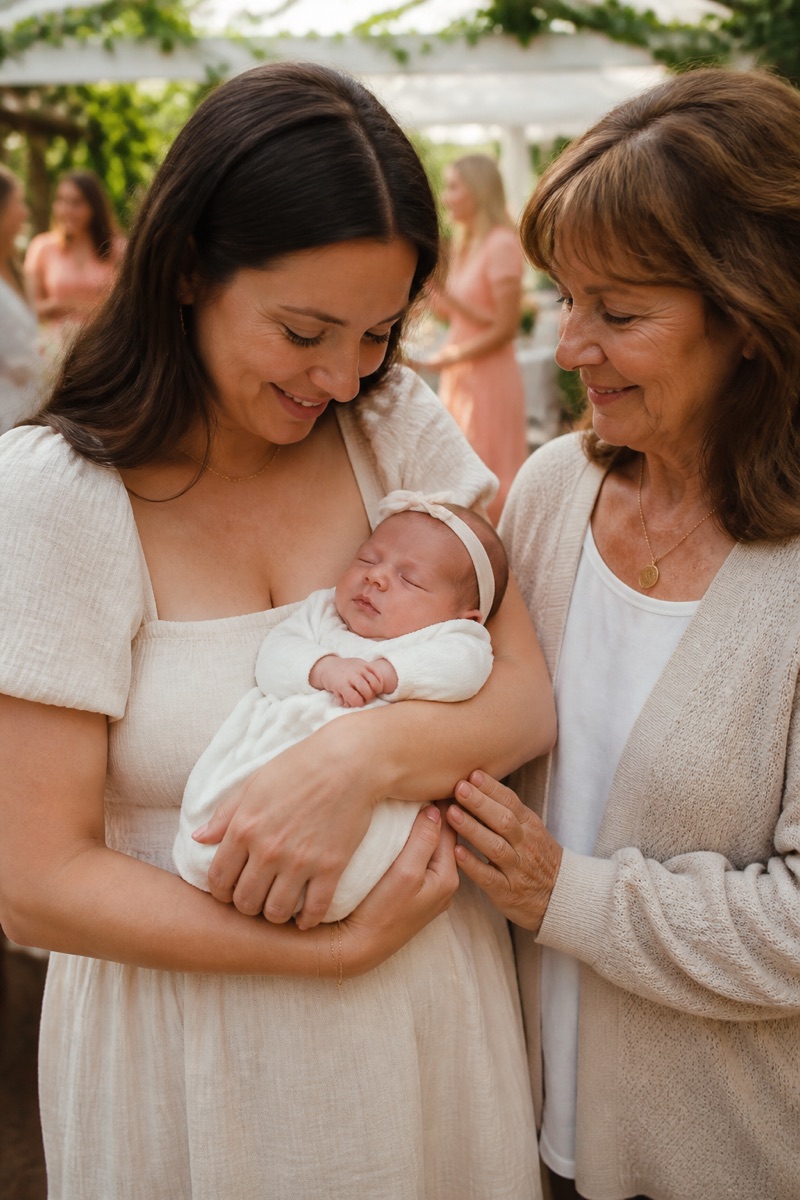 A mother holding newborn Ruby beside her grandmother at a baby shower